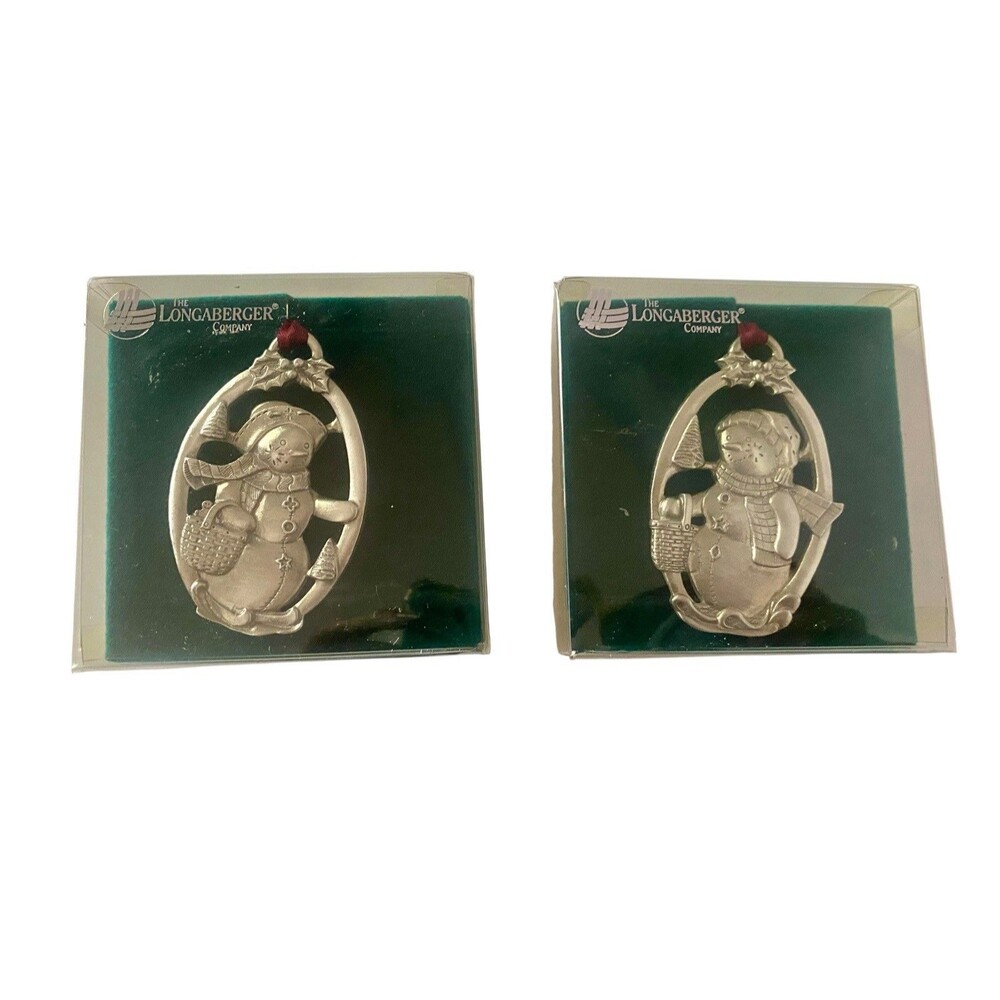Longaberger Basket Pewter Tie On Christmas Ornaments Snowball And Flurry Snowman